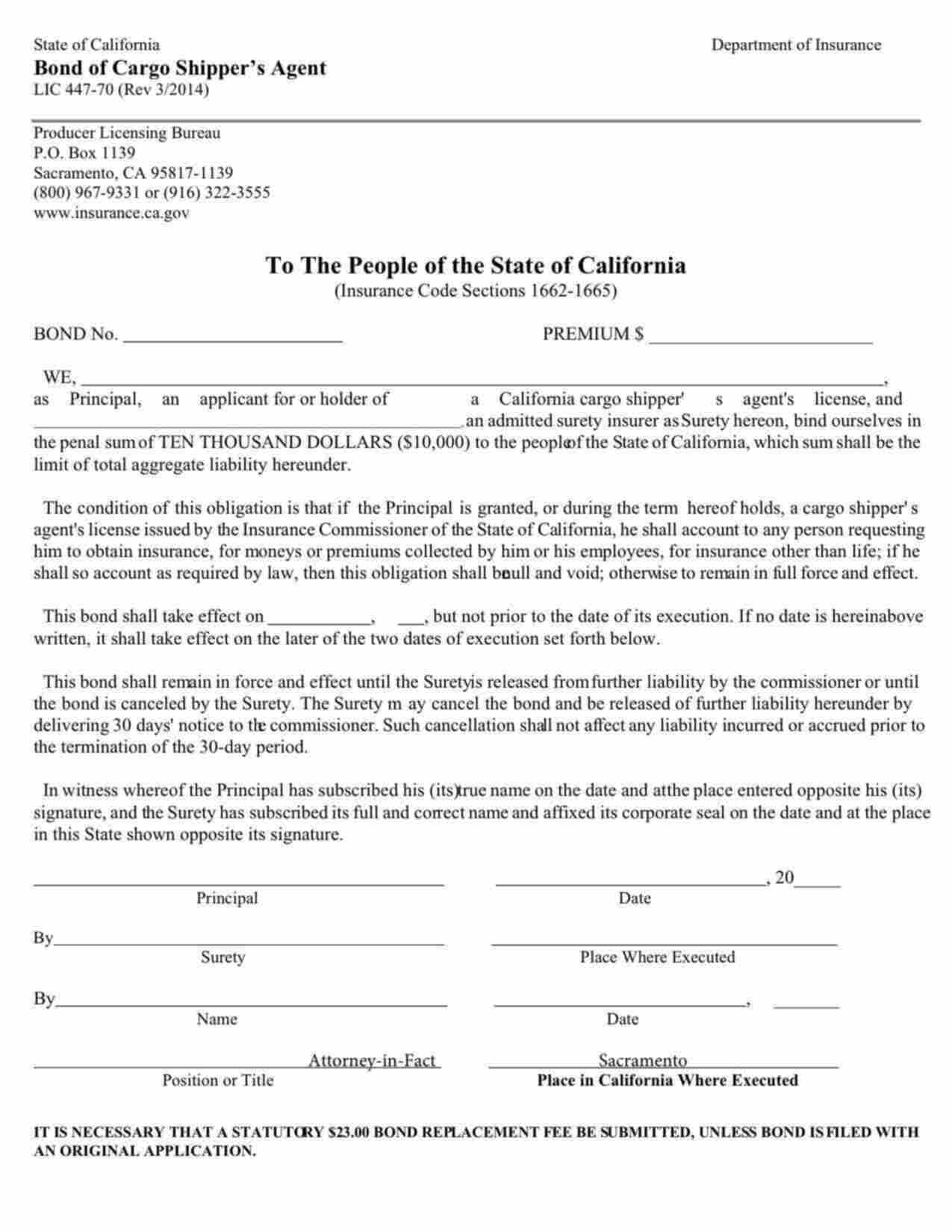 California Cargo Shipper's Agent Bond Form