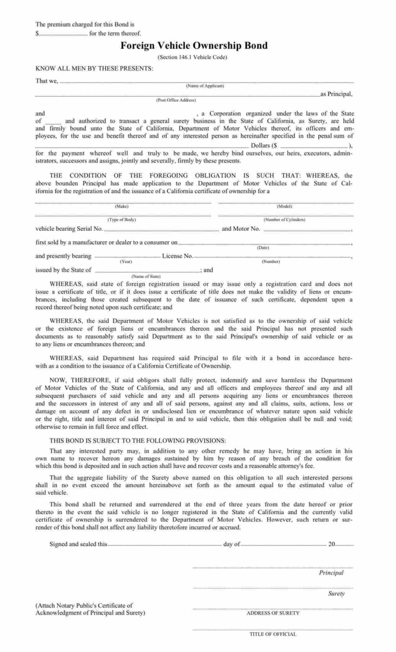 California Foreign Vehicle Ownership Bond Form