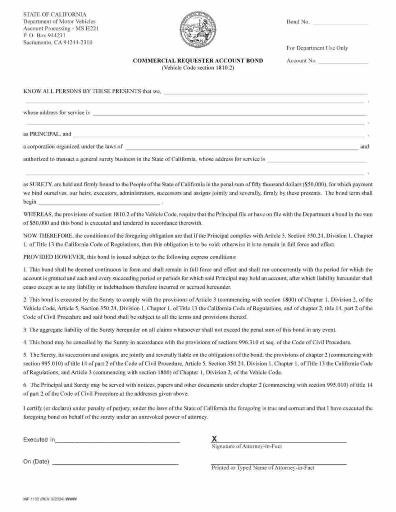 California Commercial Requester Account Bond Form