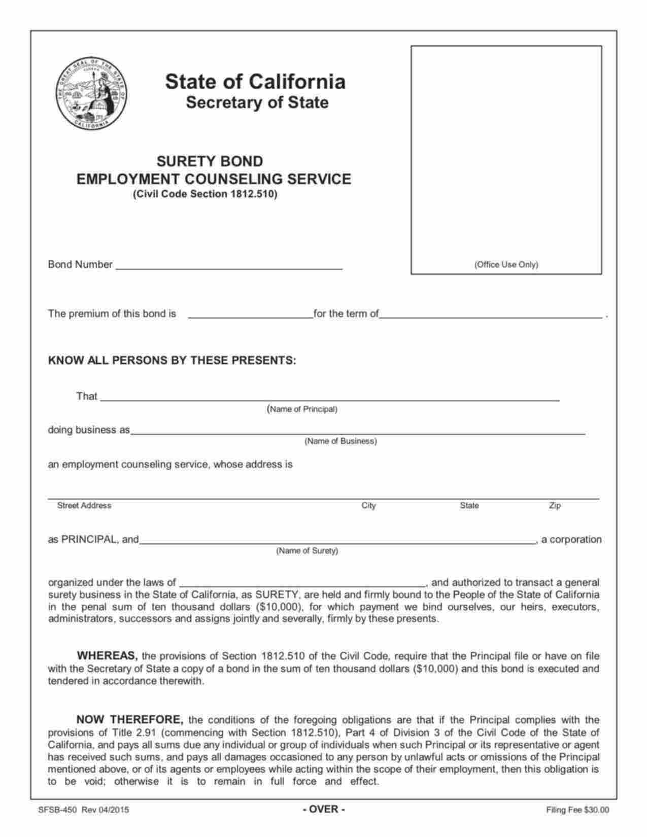 California Employment Counseling Service Bond Form