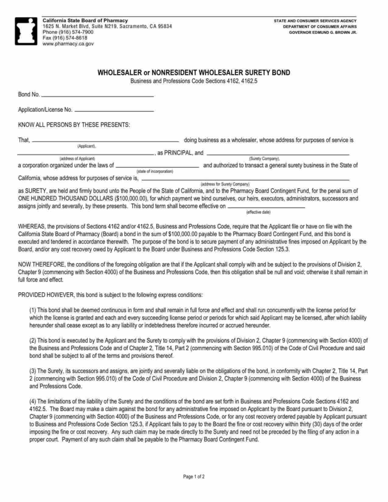 California Prescription Drug Wholesaler or Nonresident Wholesaler Bond Form