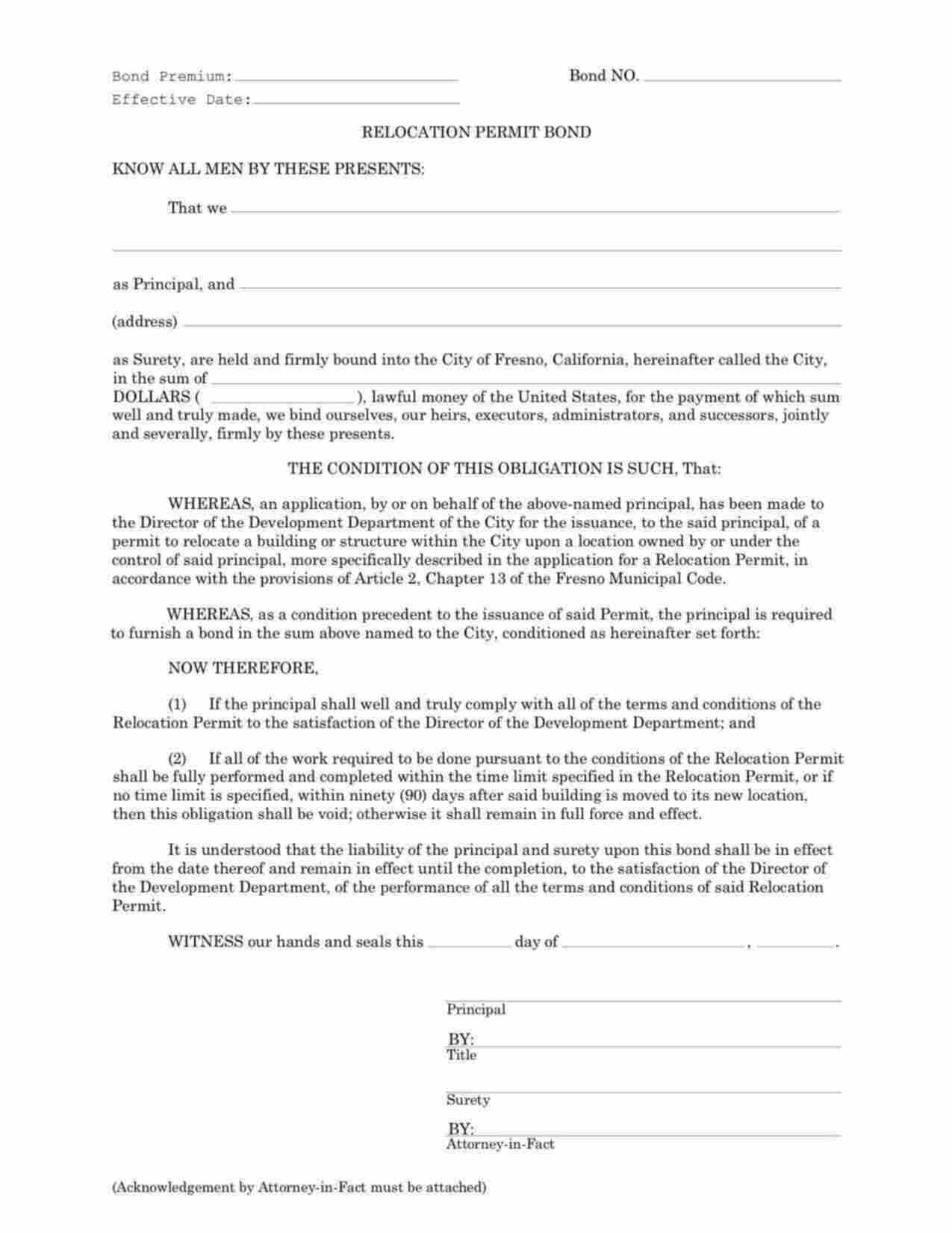 California Relocation Permit Bond Form