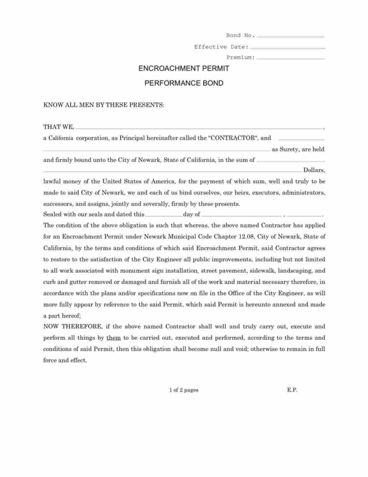 California Encroachment Permit Bond Form