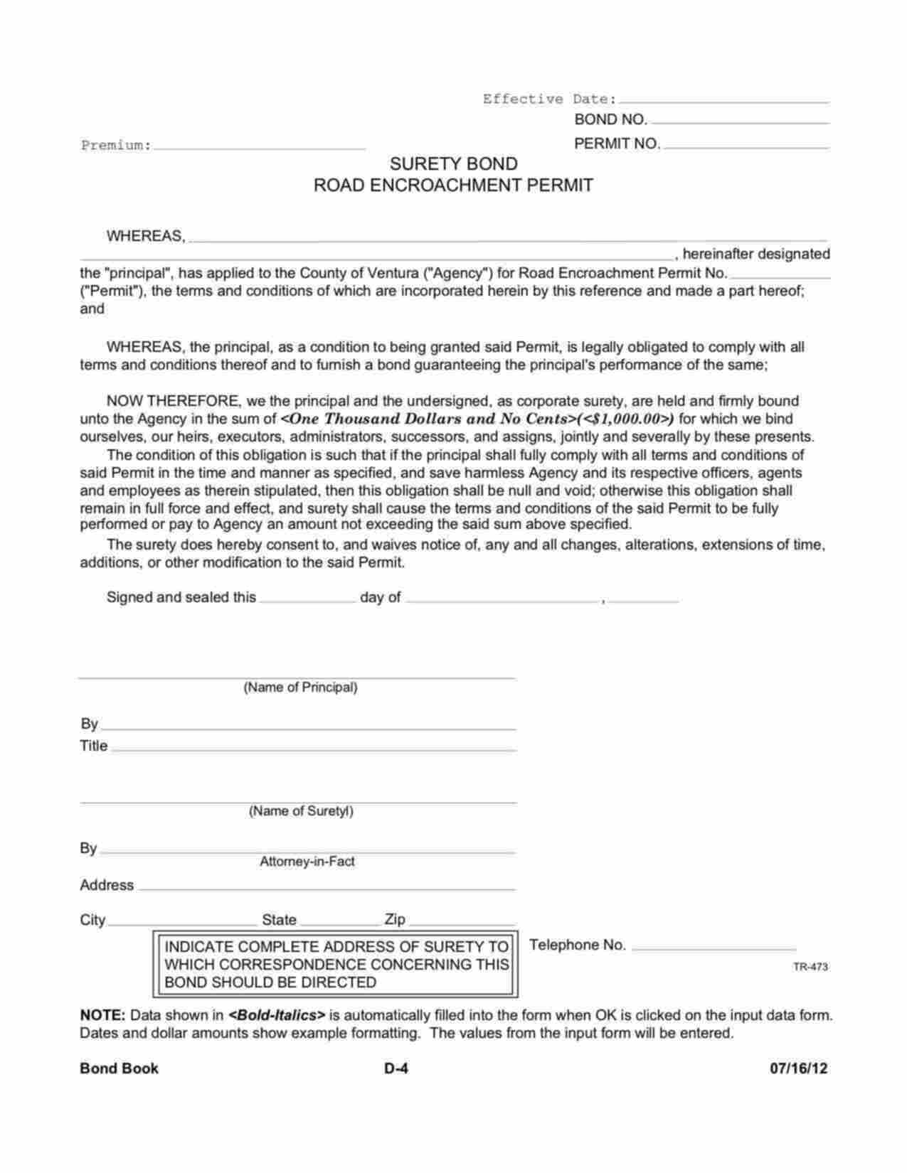 California Road Encroachment Permit Bond Form