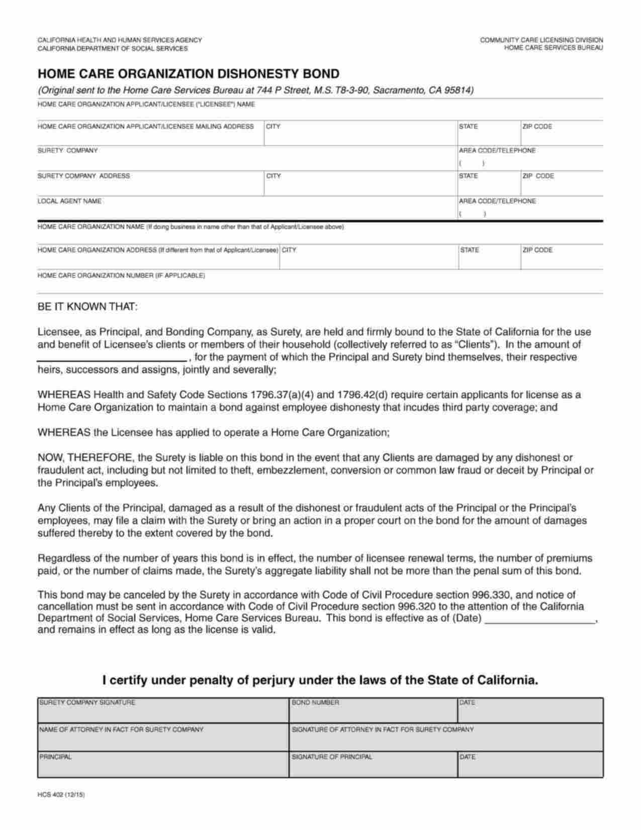 California Home Care Organization Employee Dishonesty License Bond Form