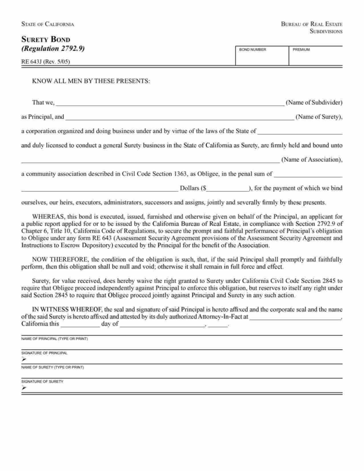 California HOA Assessment Security Agreement (Regulation 2792.9) Bond Form