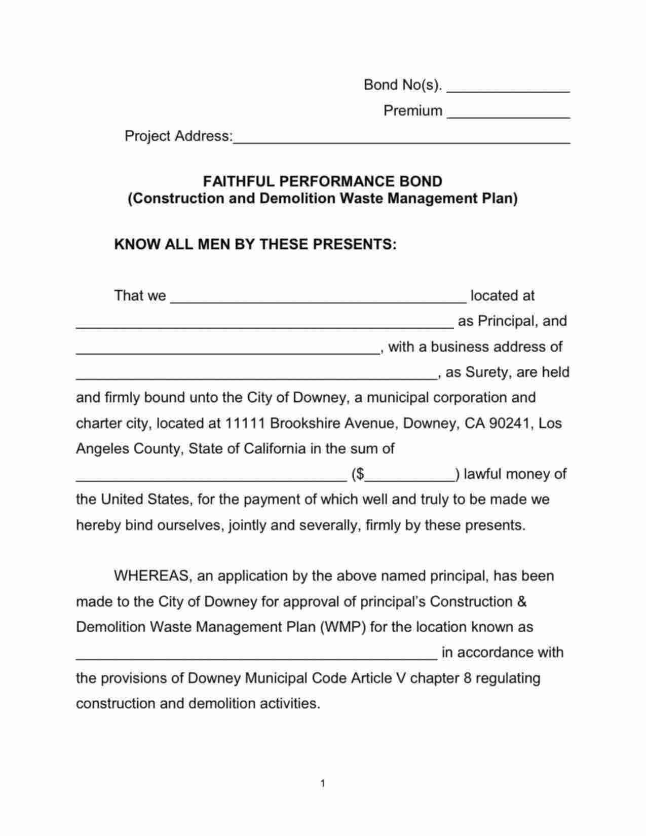 California Construction and Demolition Waste Management Plan Faithful Performance Bond Form