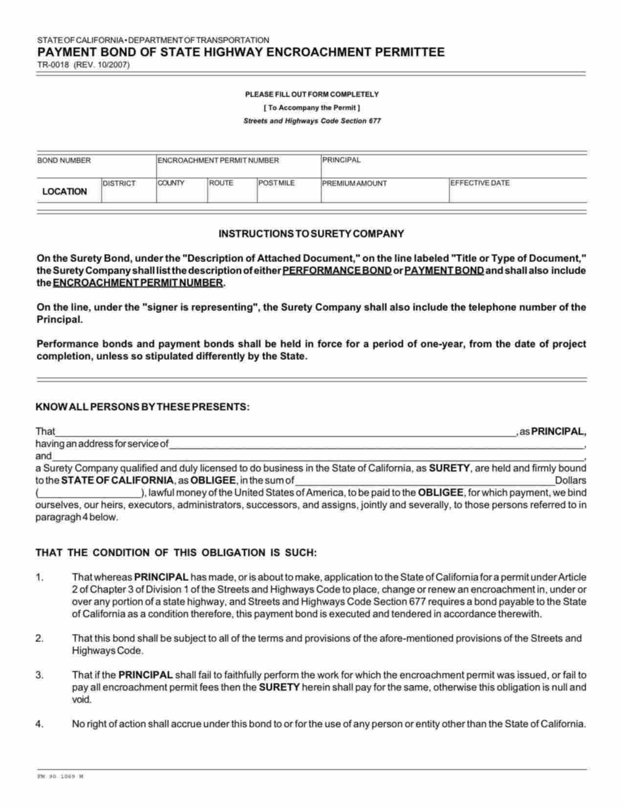 California Encroachment Permittee Payment Bond Form