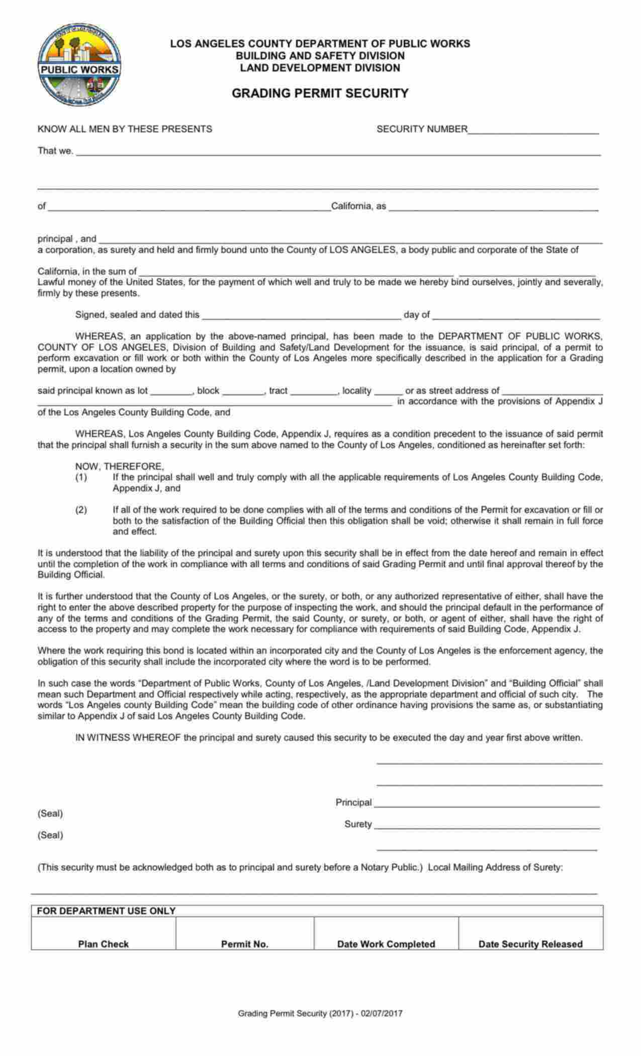 California Grading Permit Security Bond Form