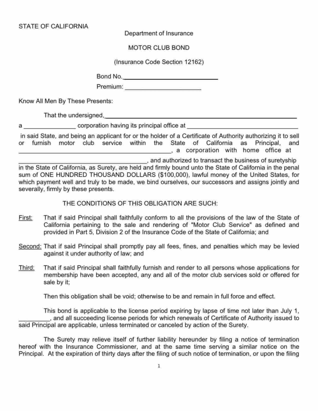 California Motor Club Bond Form