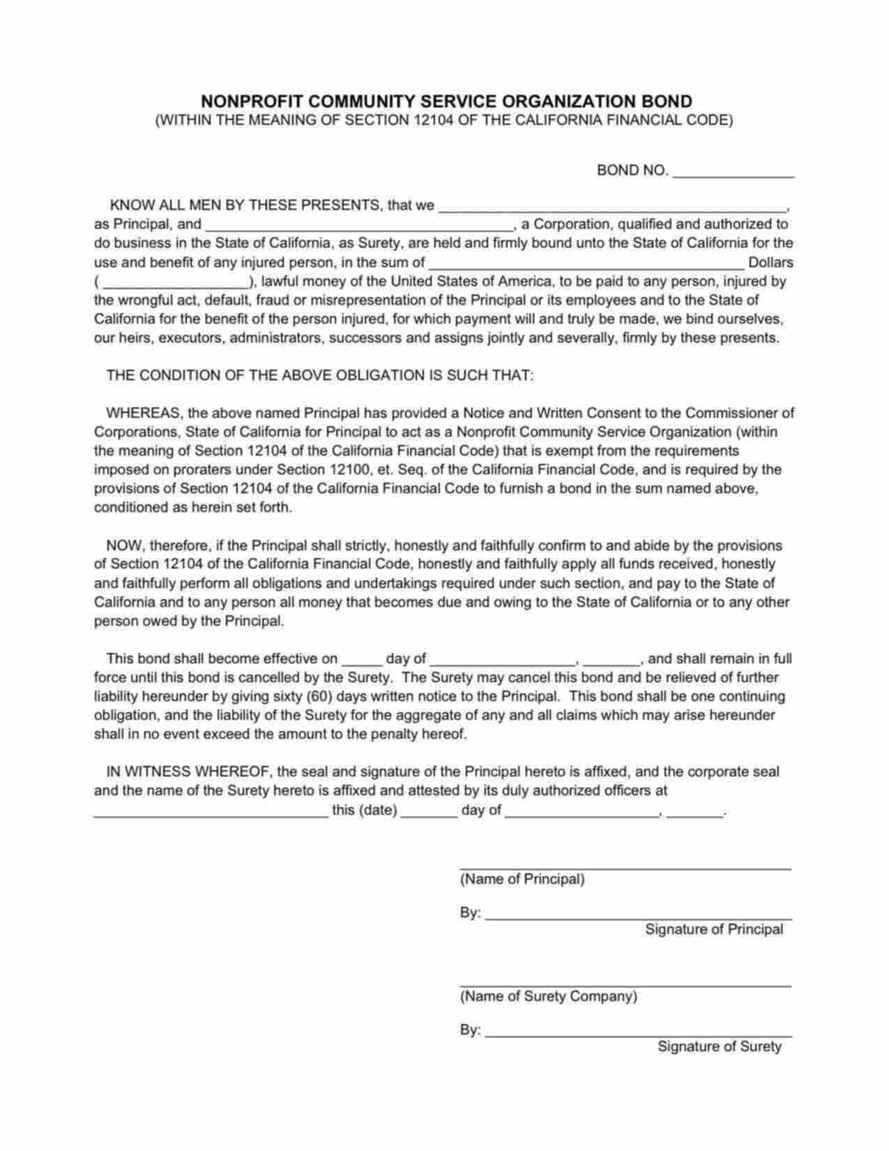 California Nonprofit Community Service Organization Bond Form