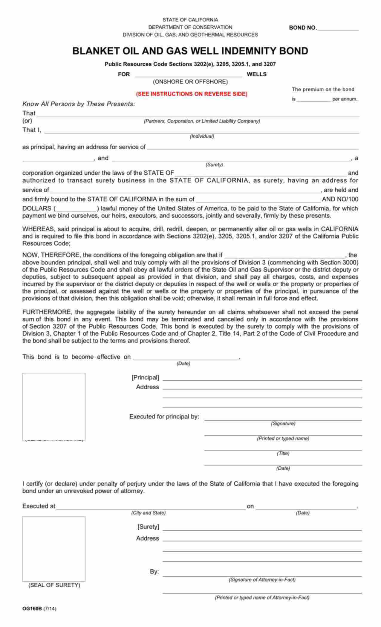 California Blanket Oil and Gas Well Indemnity Bond Form