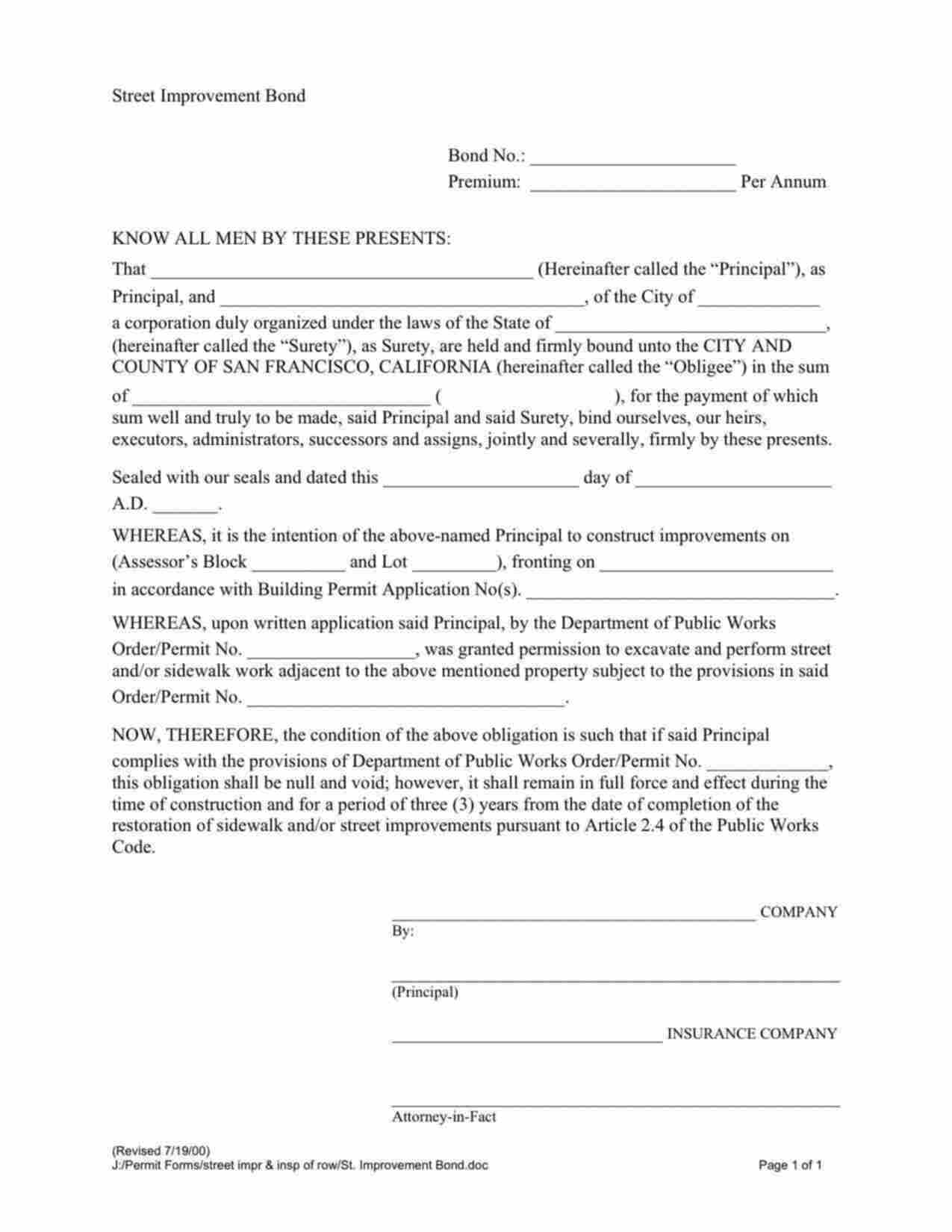 California Street Improvement Bond Form