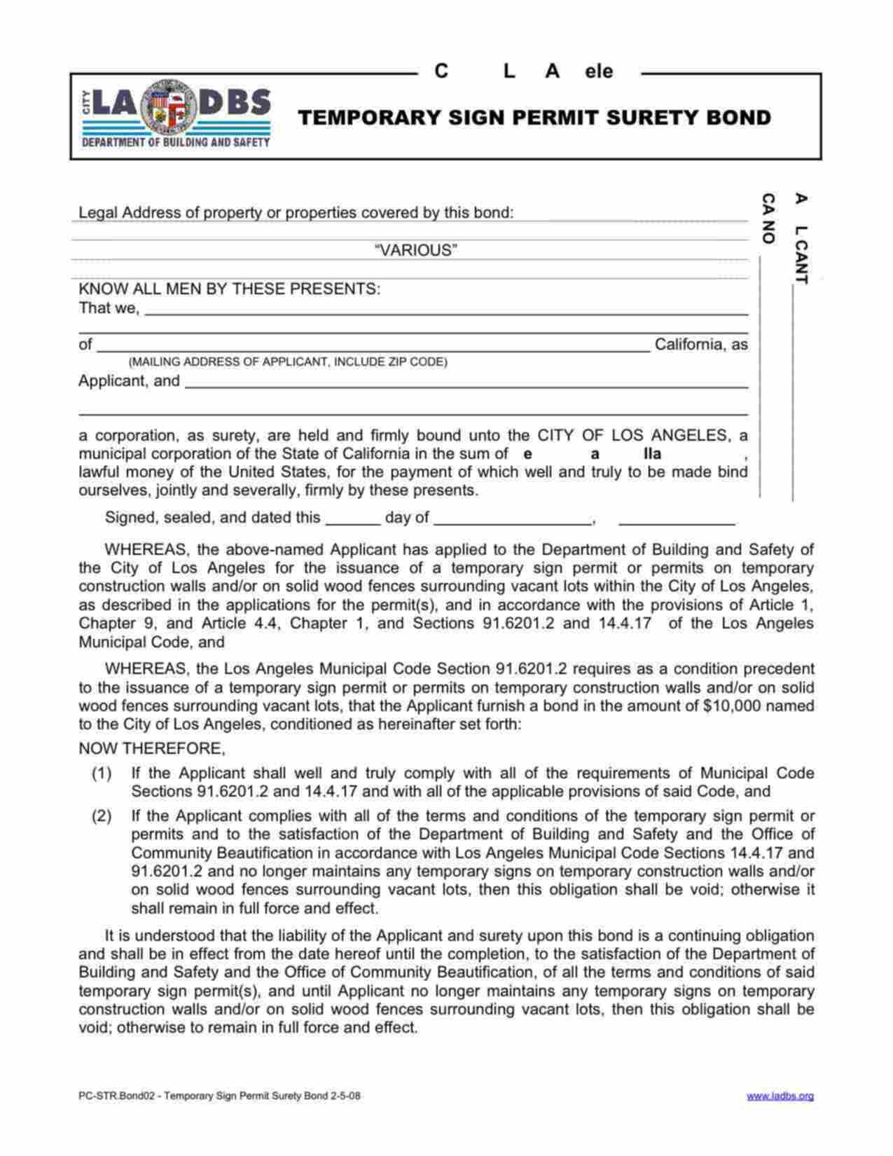 California Temporary Sign Permit Bond Form