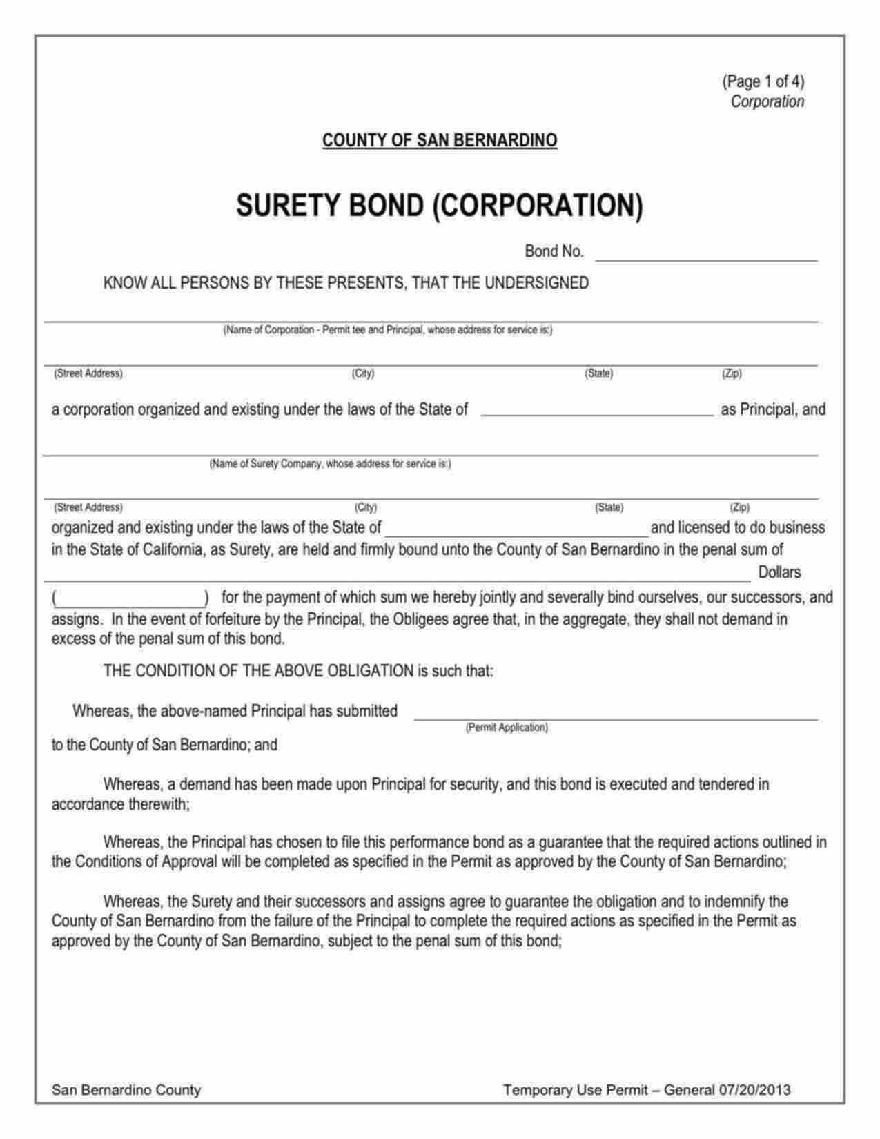 California Temporary Use Permit Bond Form