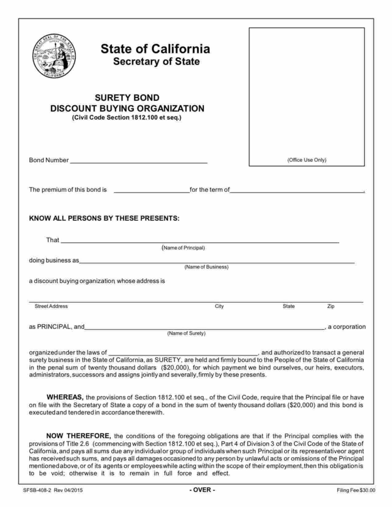 California Discount Buying Organization Bond Form