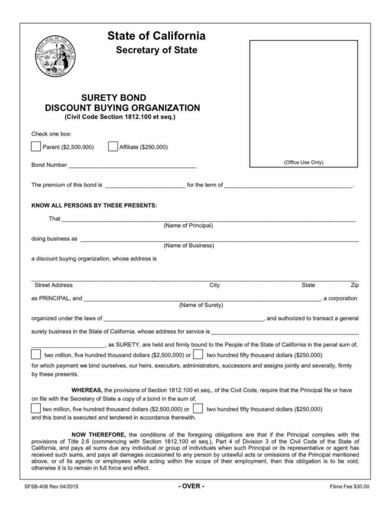 California Discount Buying Organization Bond Form