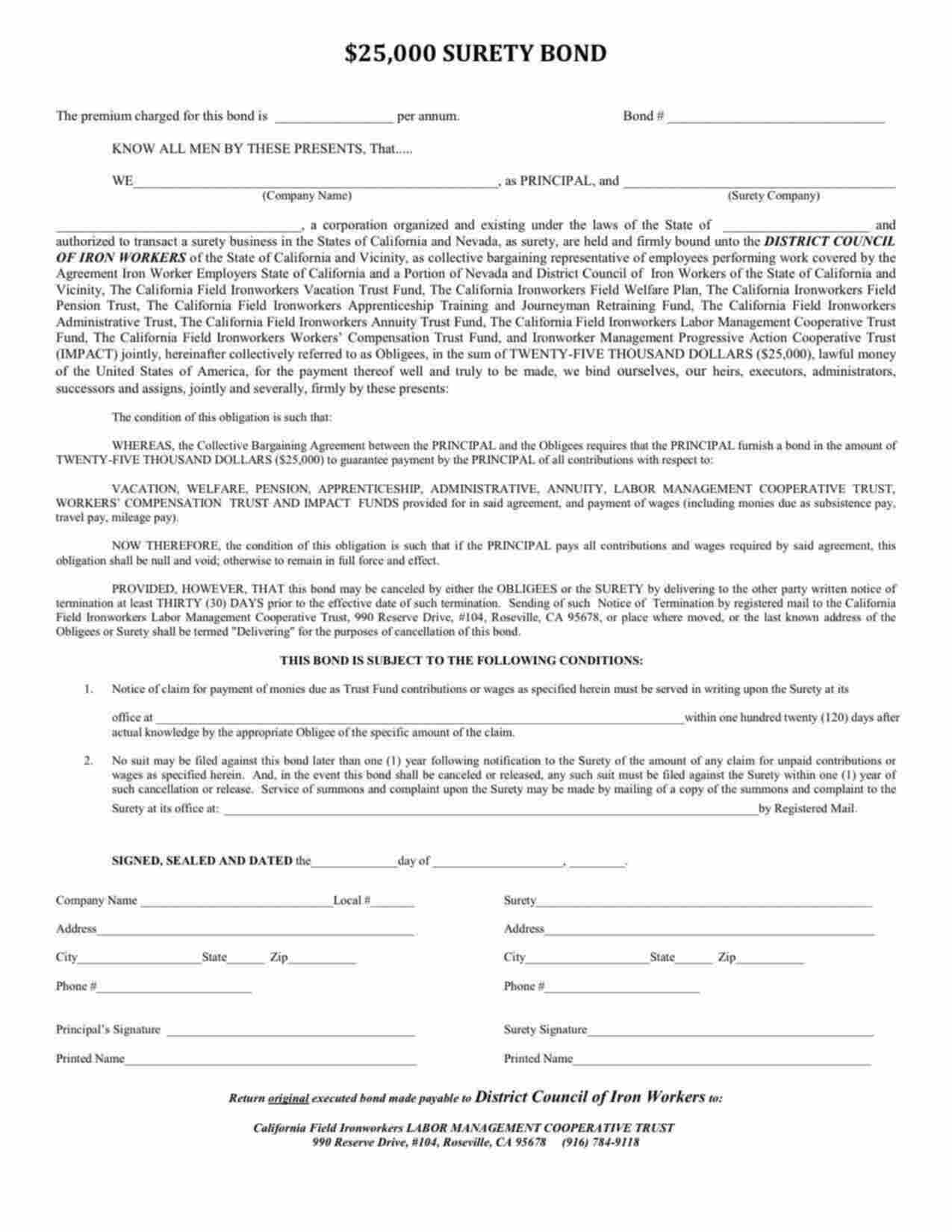 California Wage and Welfare Bond Form