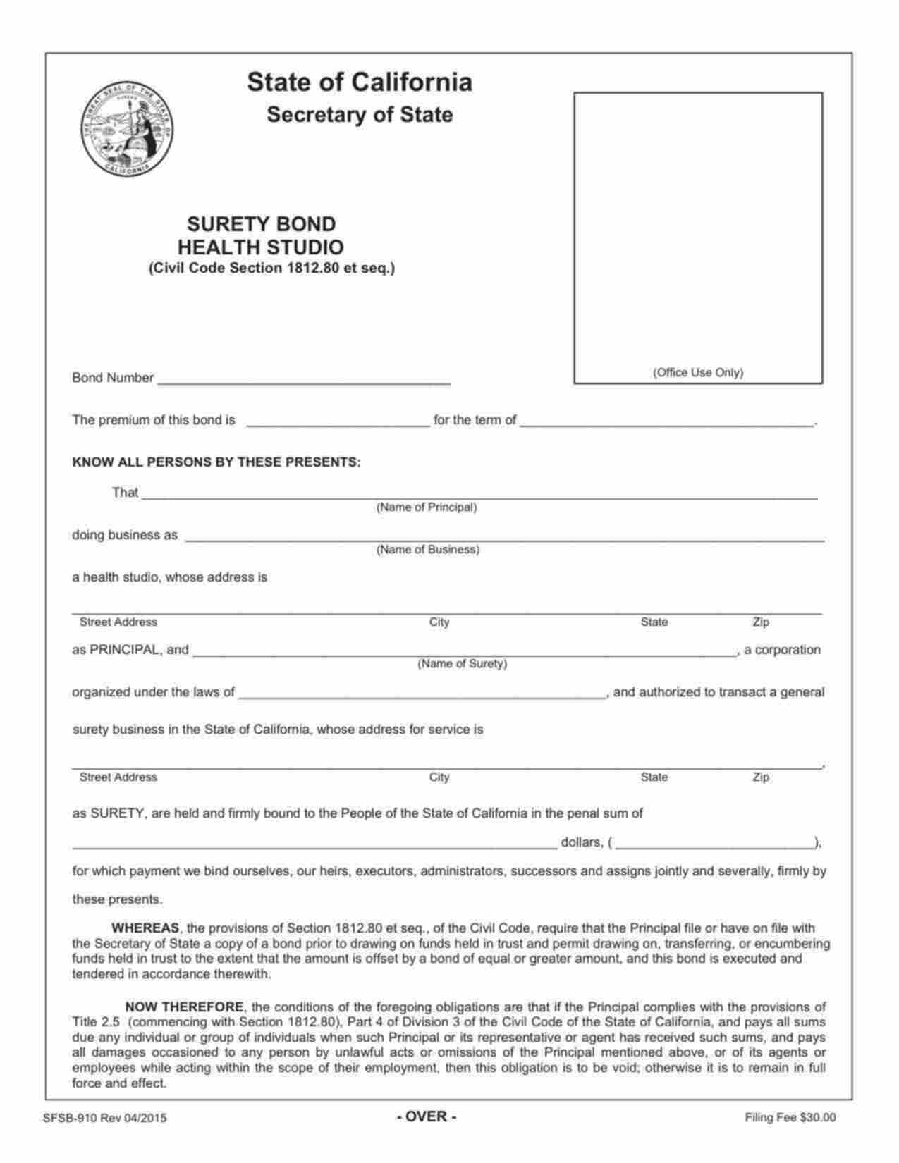 California Health Studio Bond Form