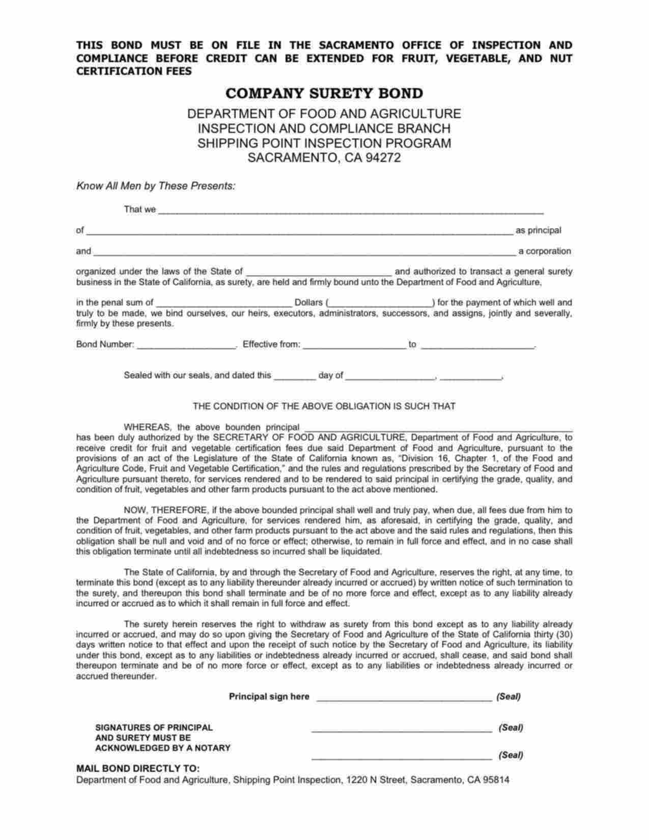 California Shipping Point Inspection Program Bond Form