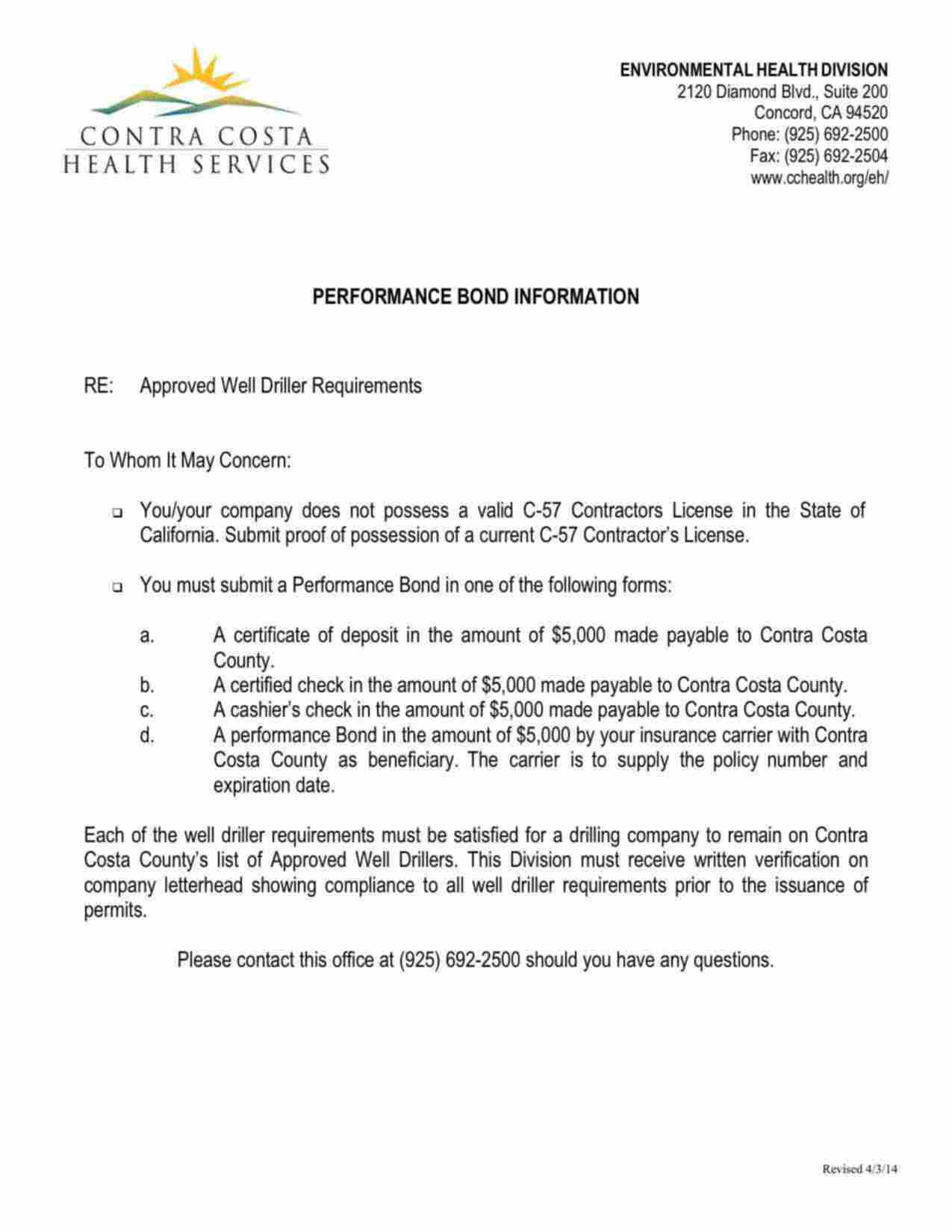 California Well Driller Performance Bond Form