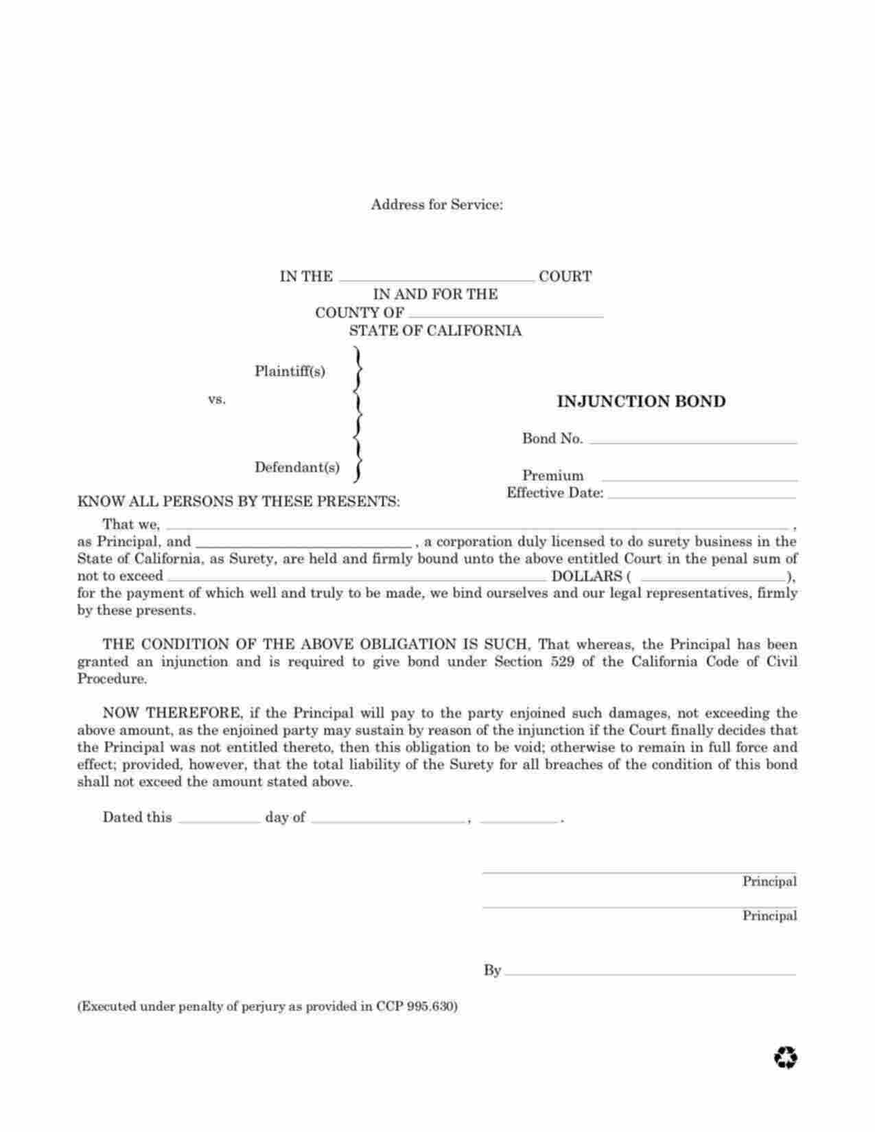 California Injunction Bond Form