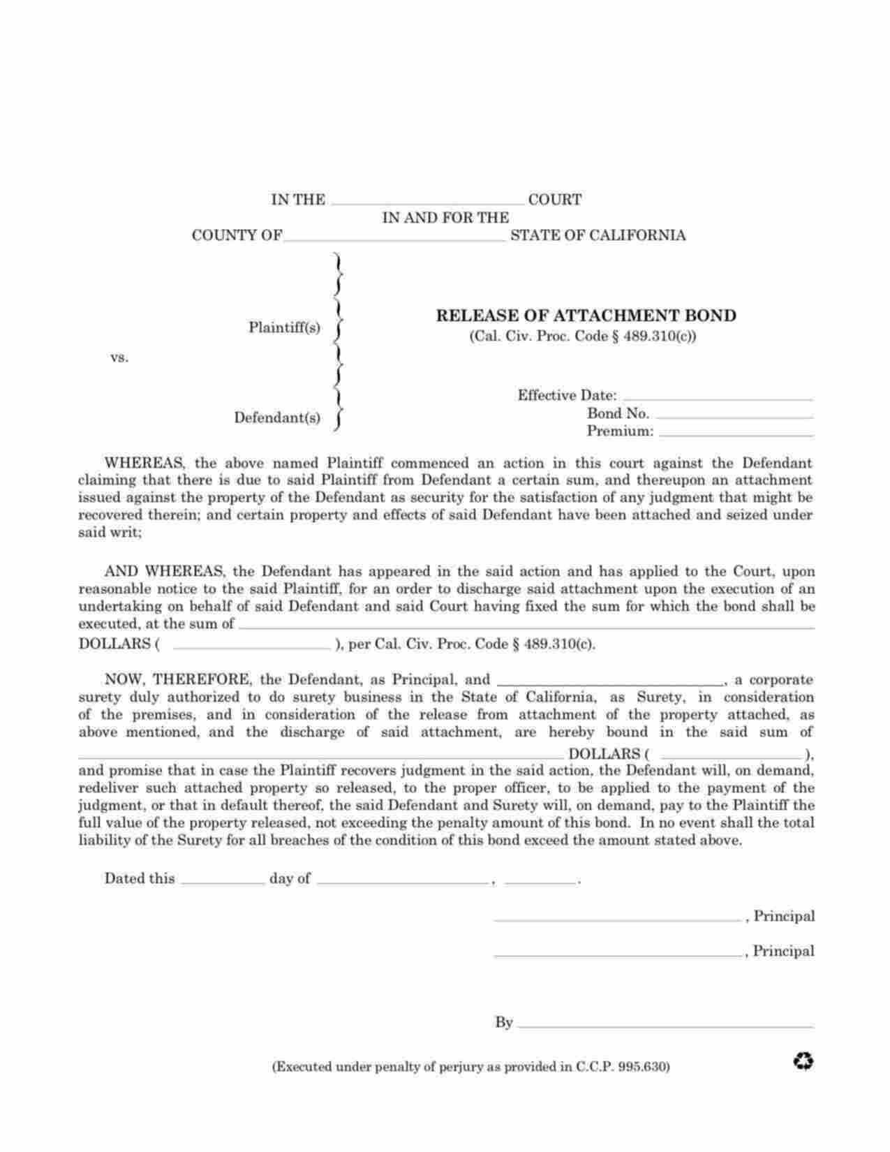California Release of Attachment Bond Form
