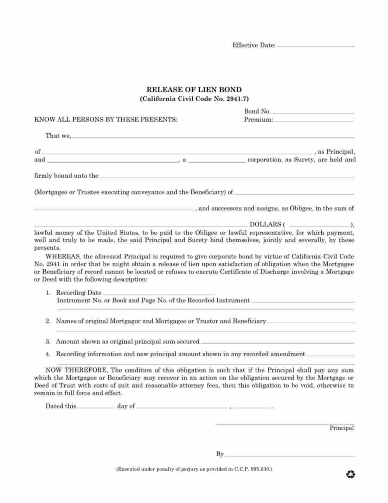 California Release of Lien Bond Form