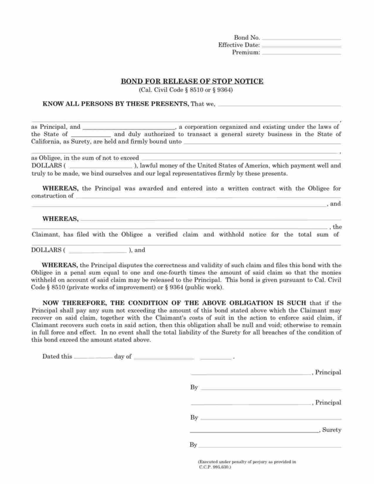 California Release of Stop Notice Bond Form