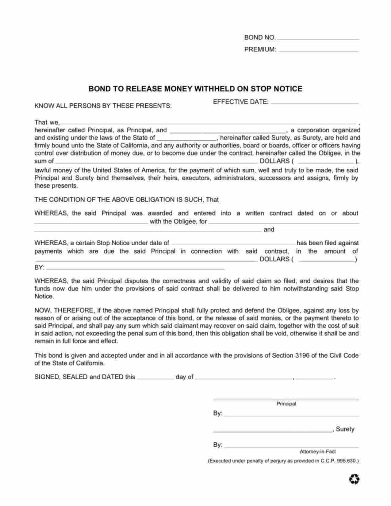 California Stop Notice - Public Work Bond Form