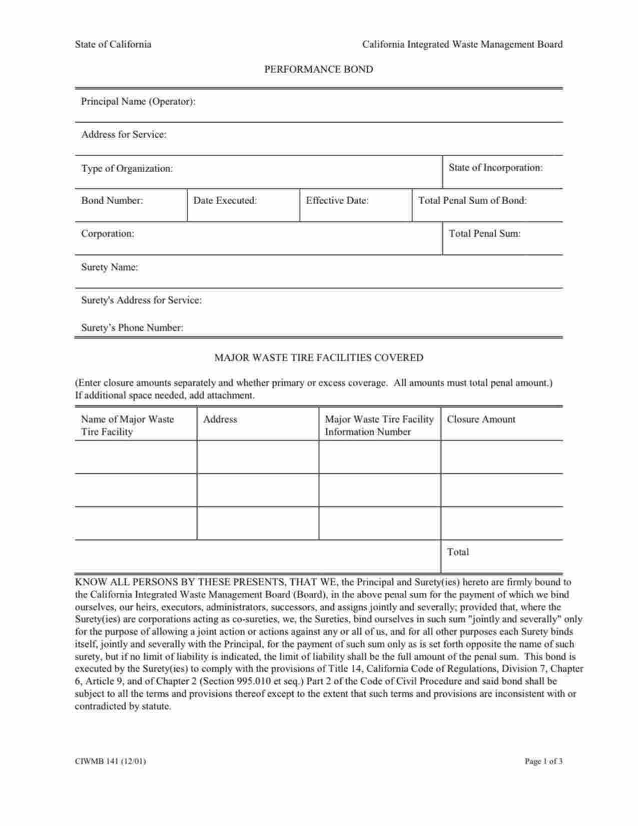 California Waste Tire Facility Bond Form