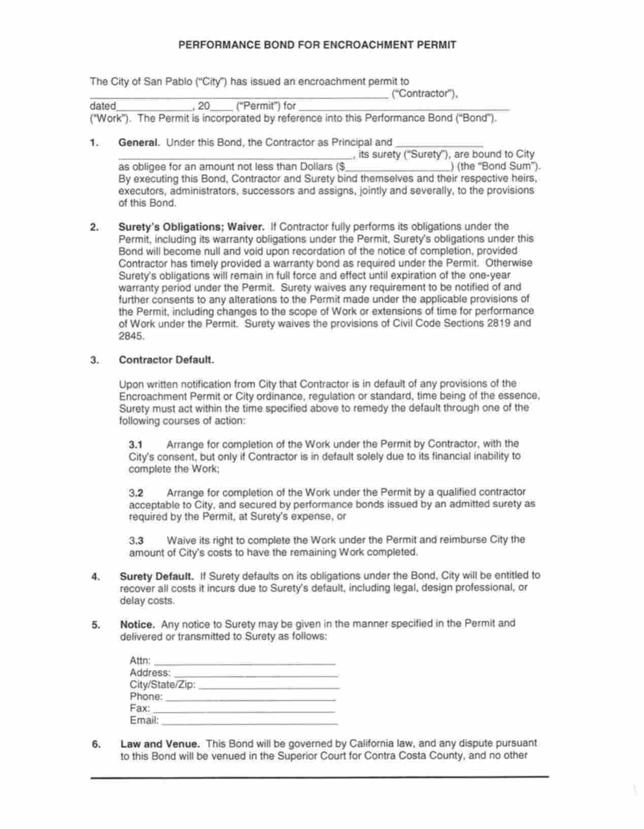 California Encroachment Permit Performance Bond Form