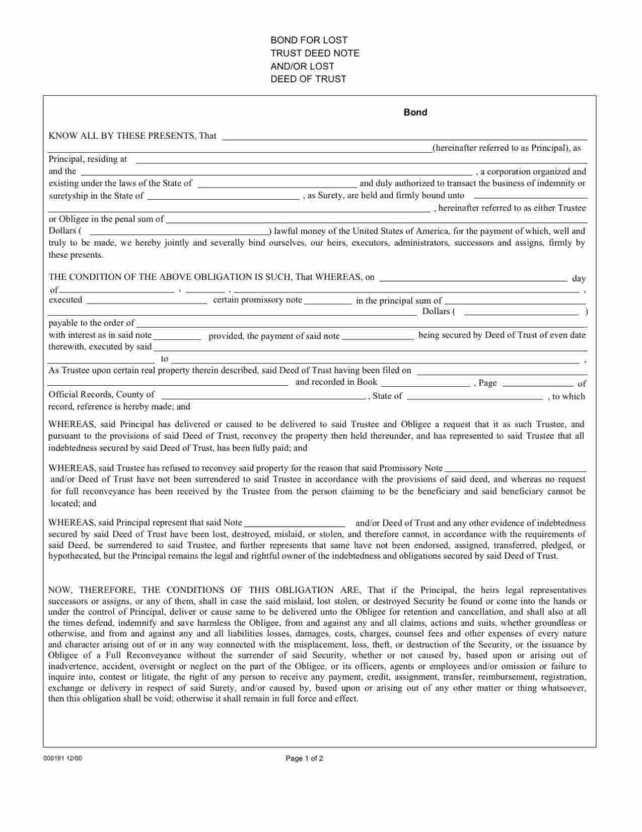 California Lost Deed of Trust and Note and/or Lost Deed of Trust Bond Form
