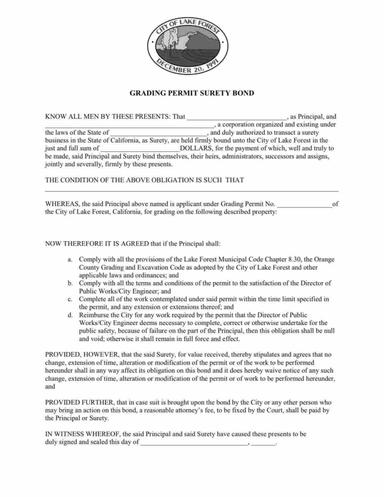 California Grading Permit Bond Form