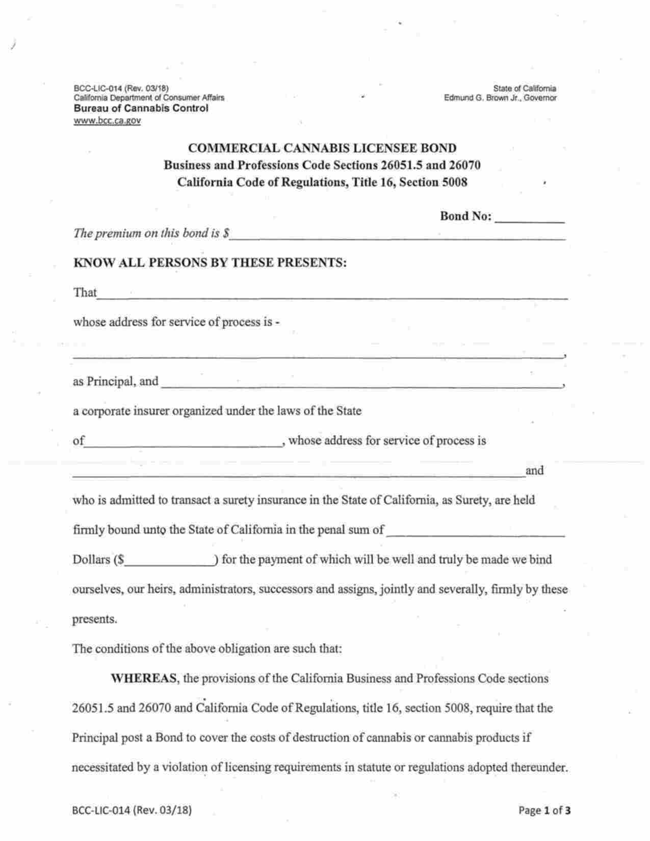 California Commercial Cannabis Licensee Bond Form