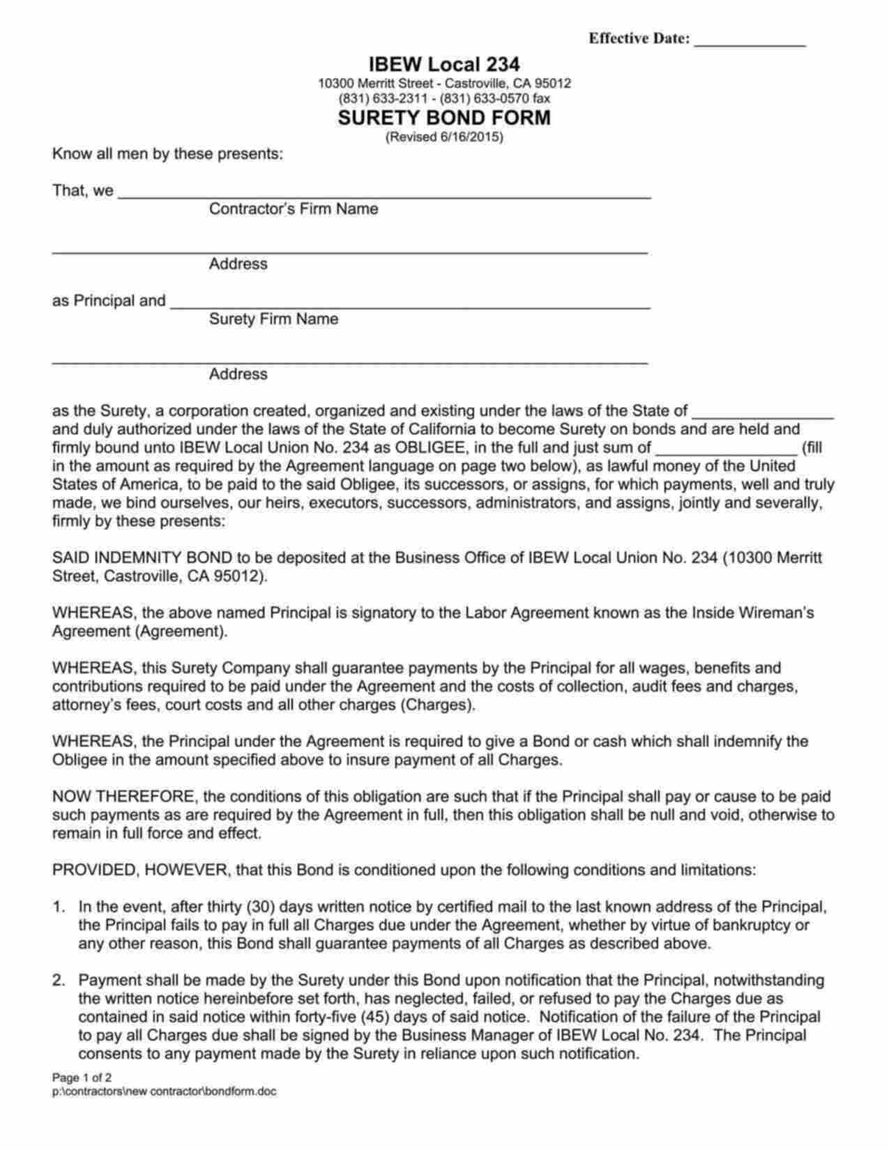 California Wage and Welfare Bond Form