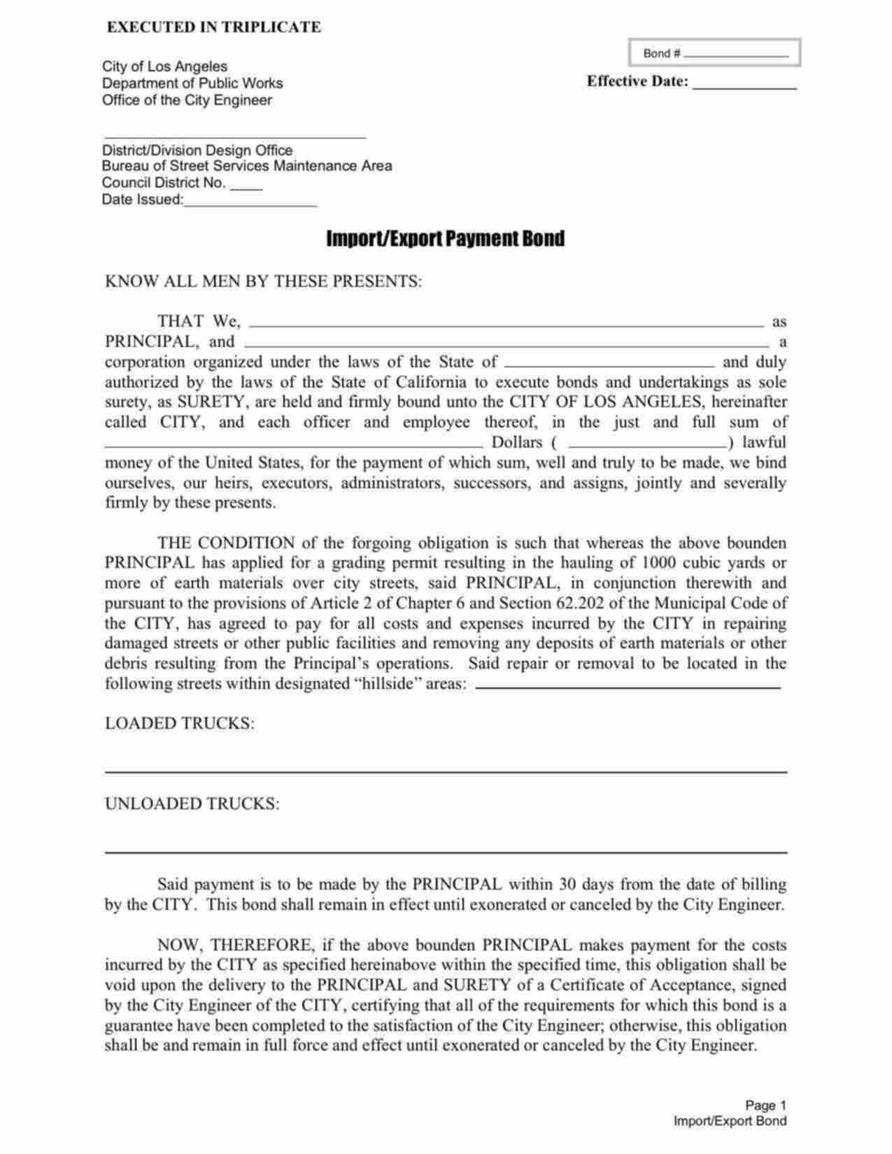 California Import/Export Payment Earth Hauling Bond Form