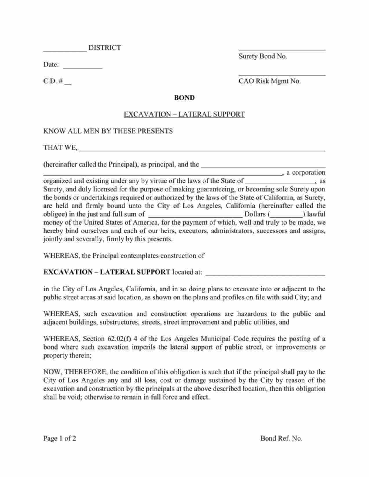 California Excavation - Lateral Support Bond Form