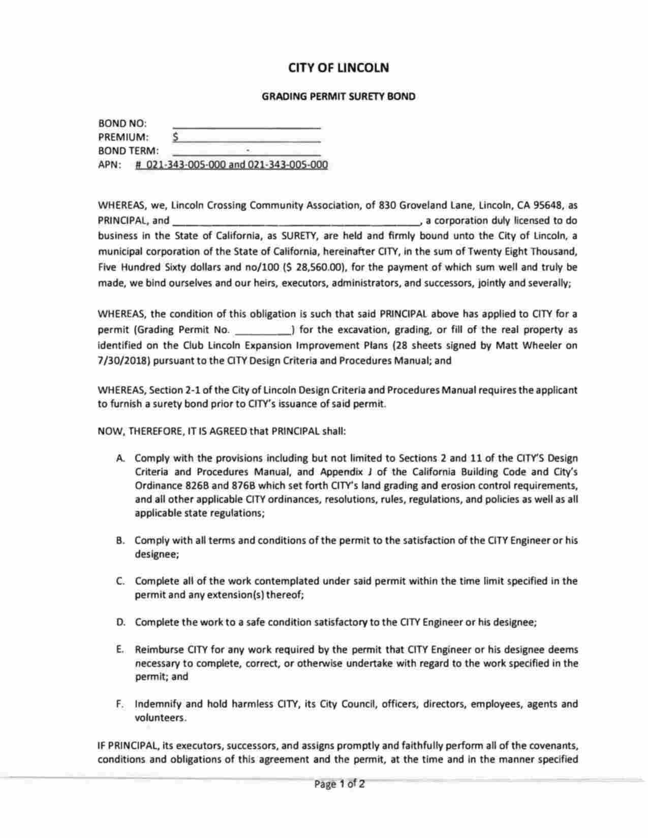 California Grading Permit Bond Form