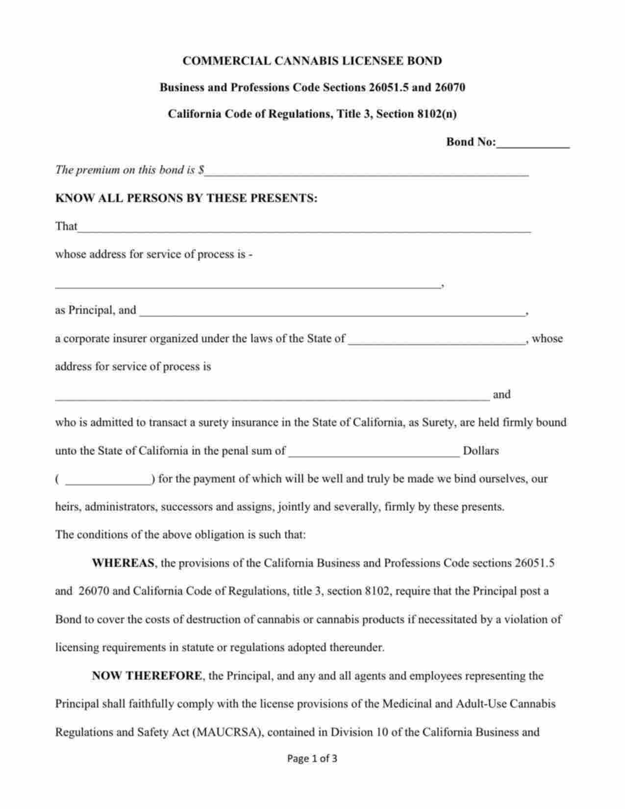 California Commercial Cannabis Licensee (Cultivation) Bond Form