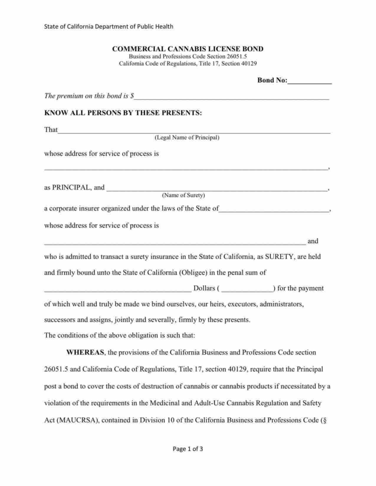 California Commercial Cannabis Licensee (Manufacturing) Bond Form