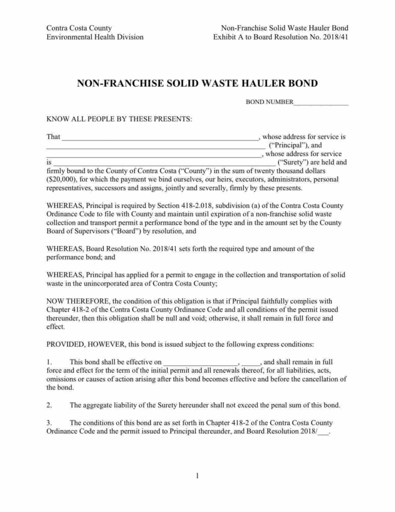 California Non-Franchise Solid Waste Hauler Bond Form