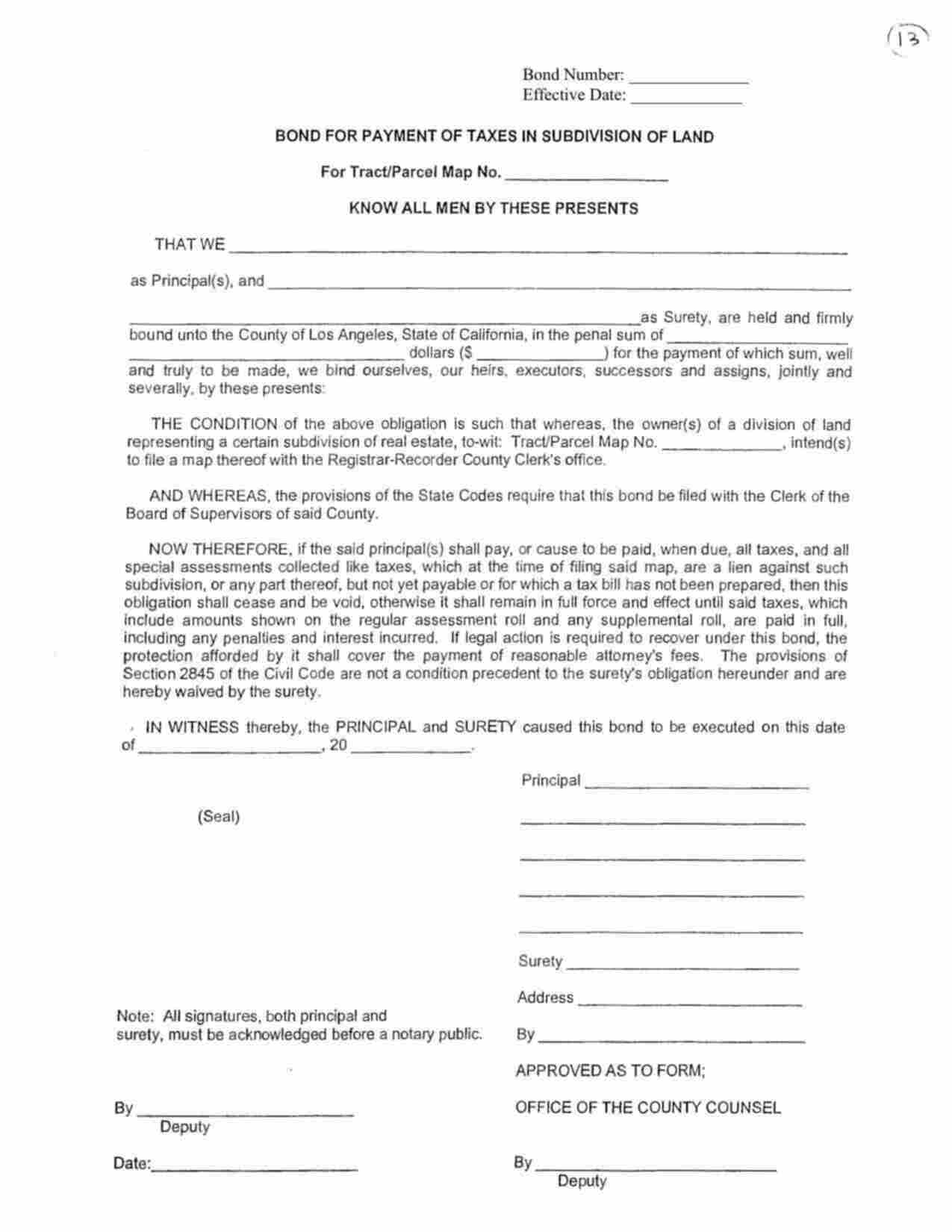 California Payment of Taxes in Subdivision of Land Bond Form