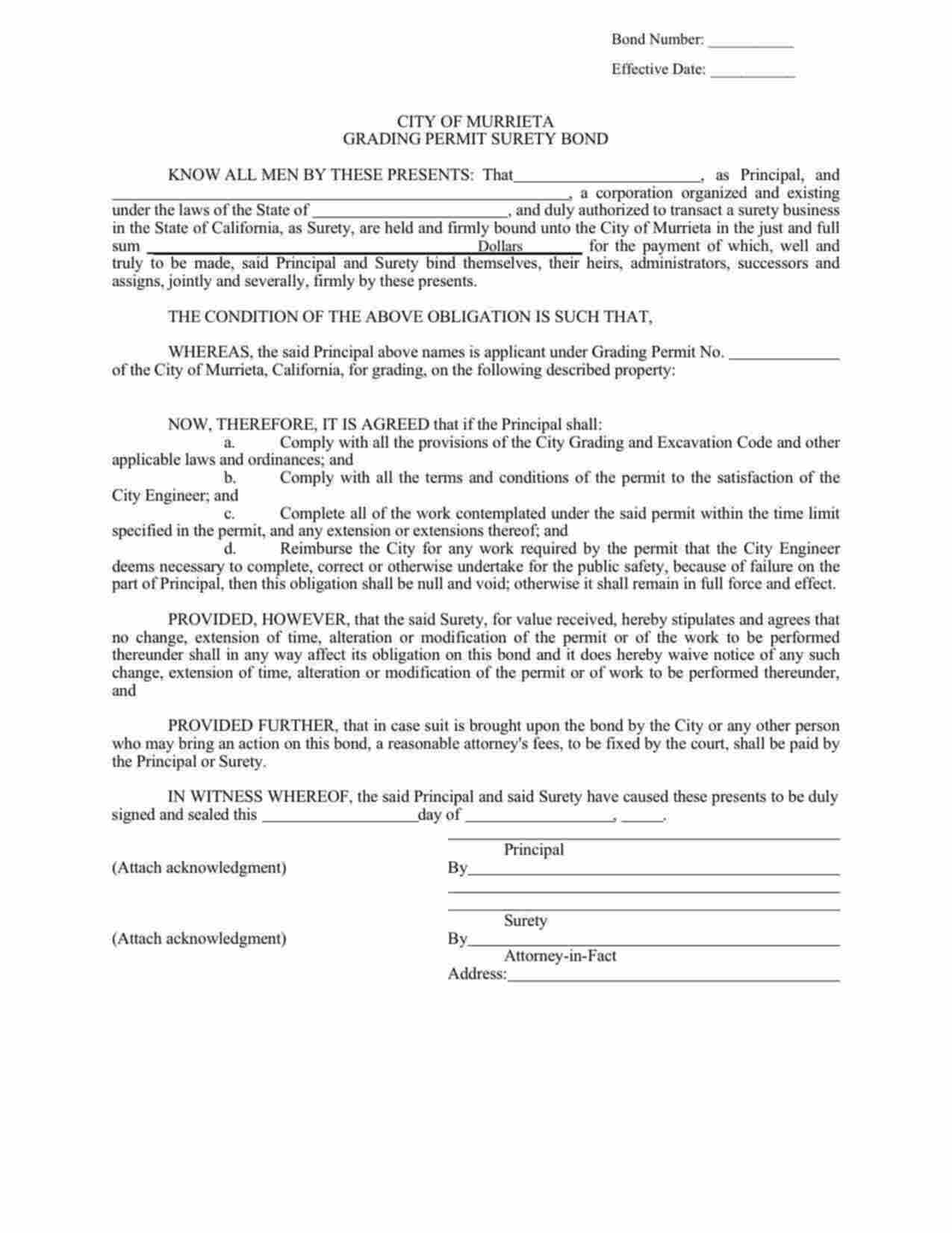 California Grading Permit Bond Form