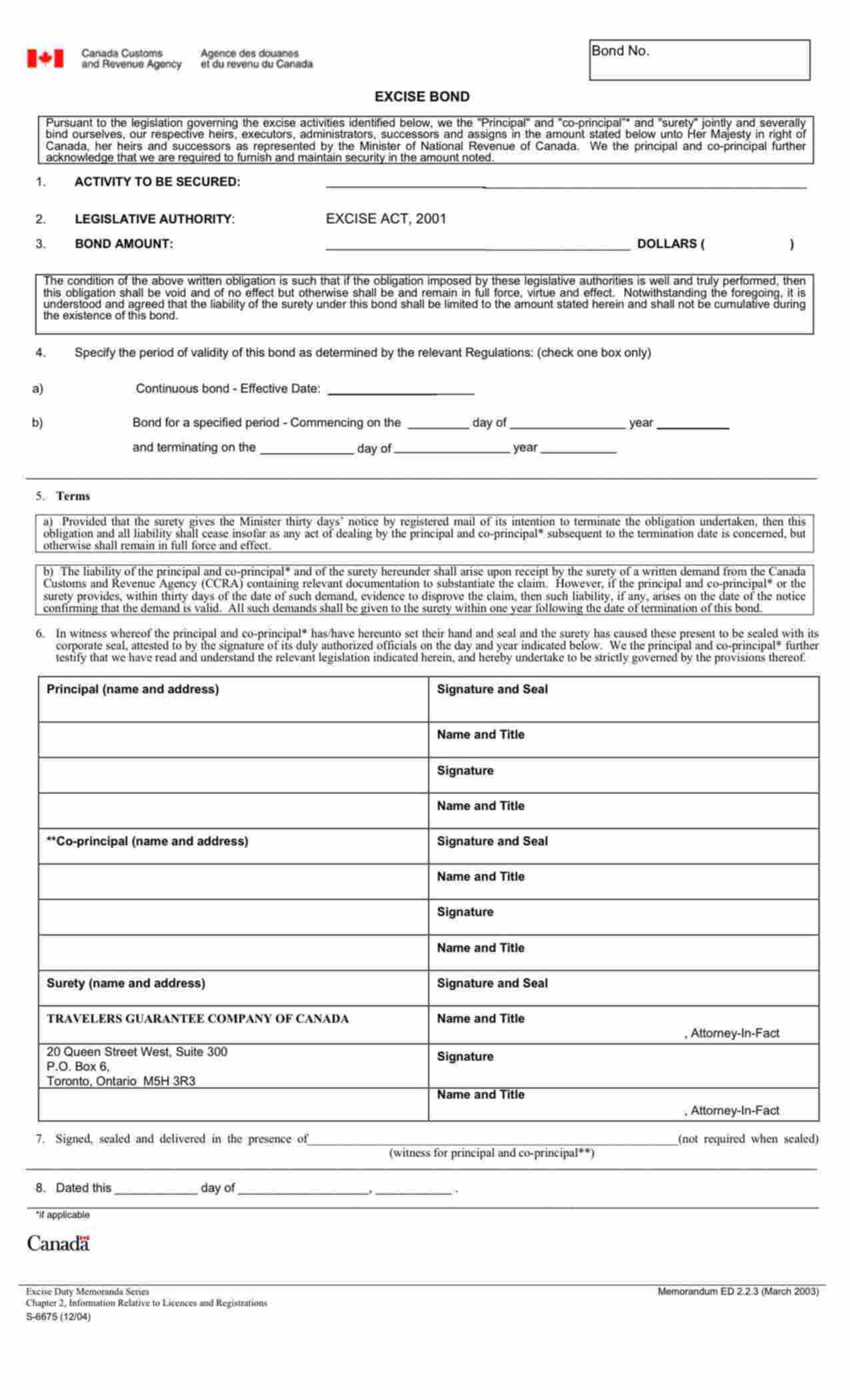 Canada Excise Tax: Non Resident Bond Form