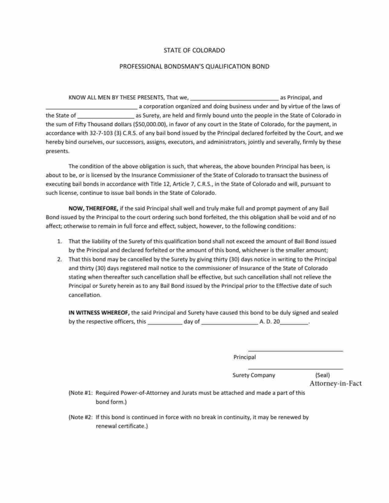 Colorado Professional Bondsman Qualification Bond Form