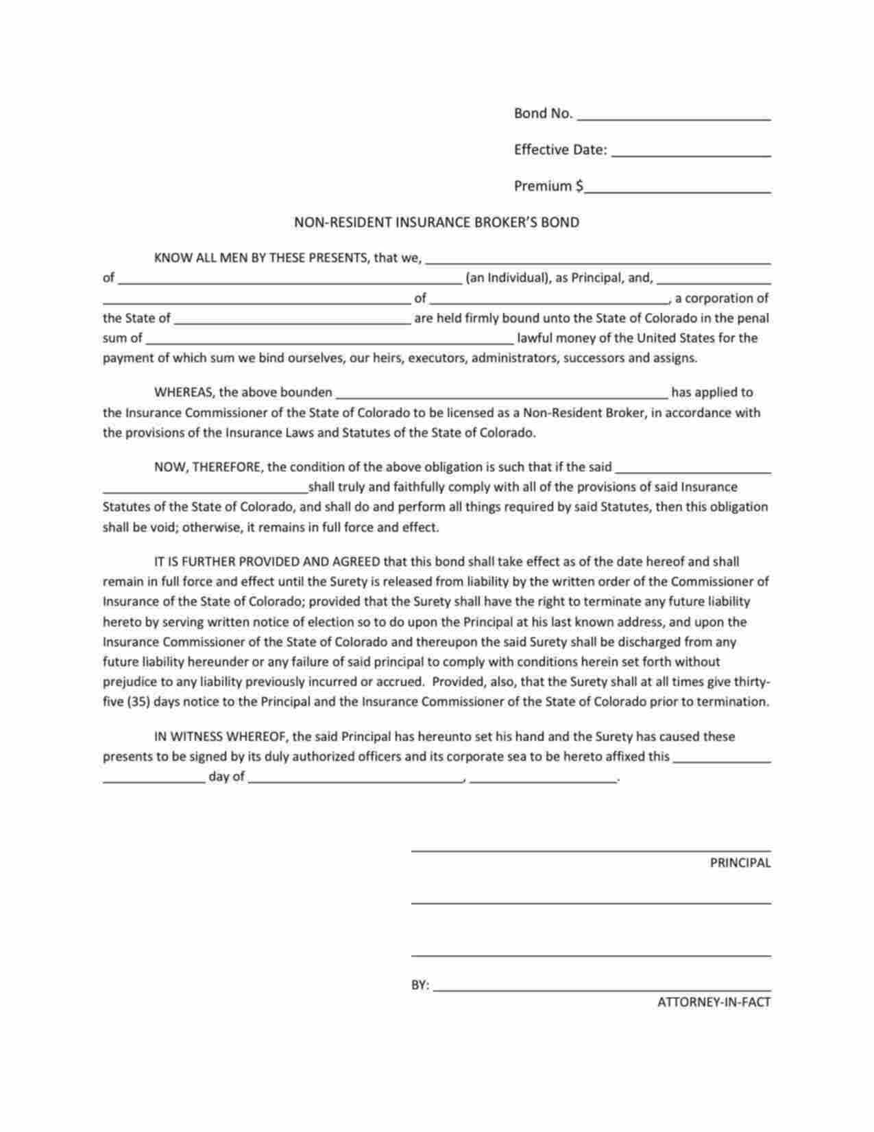 Colorado Non-Resident Insurance Broker Bond Form