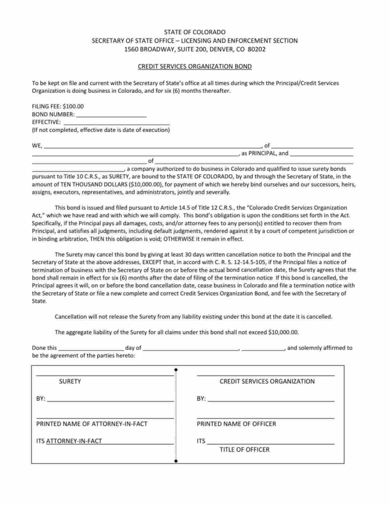 Colorado Credit Services Organization Bond Form