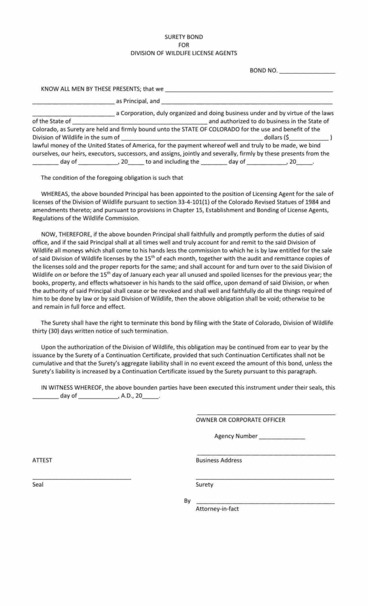 Colorado Division of Wildlife License Agent Bond Form