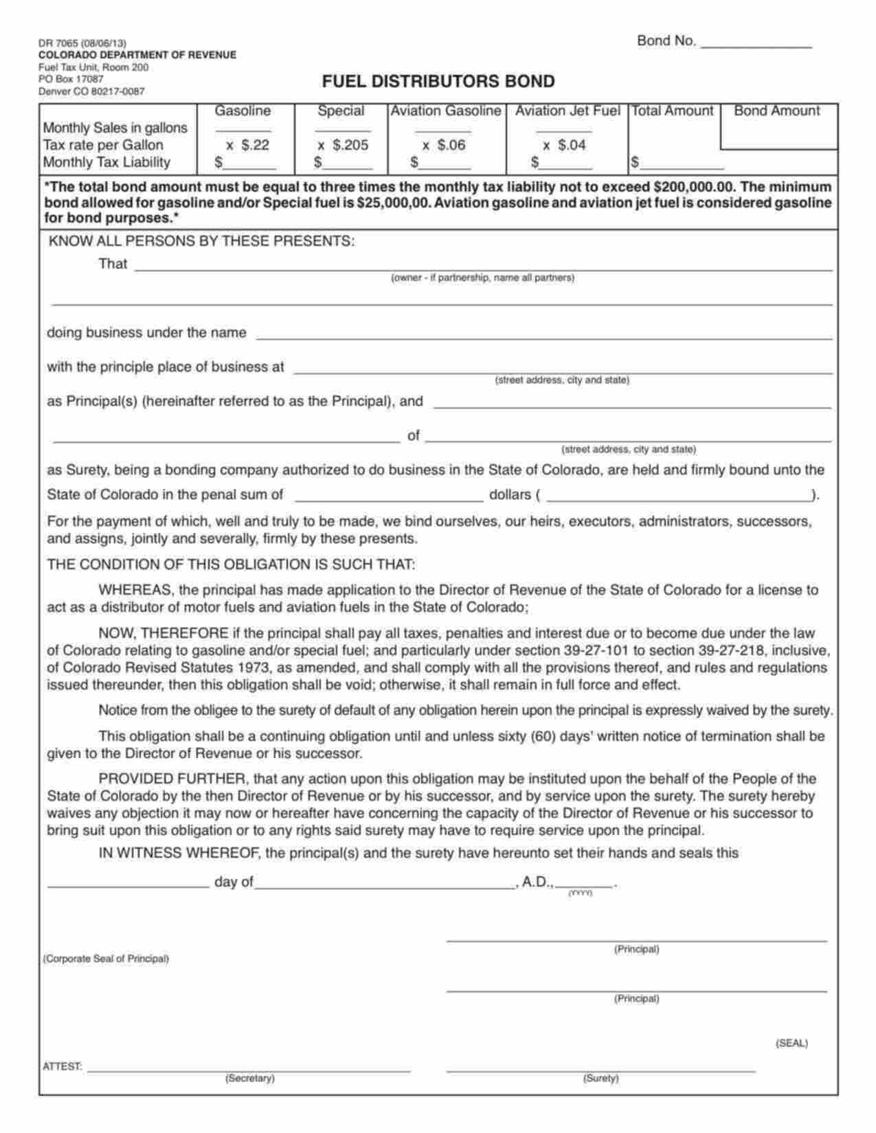 Colorado Fuel Distributor Bond Form